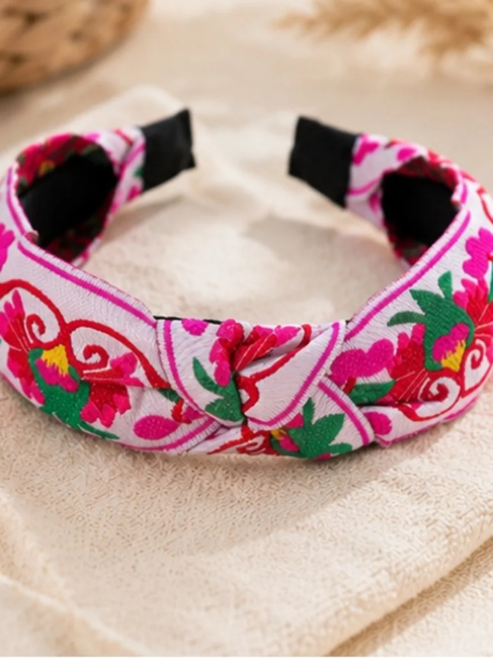 Pink Floral Embroidered Knotted Headband Boho Statement Hair Accessory